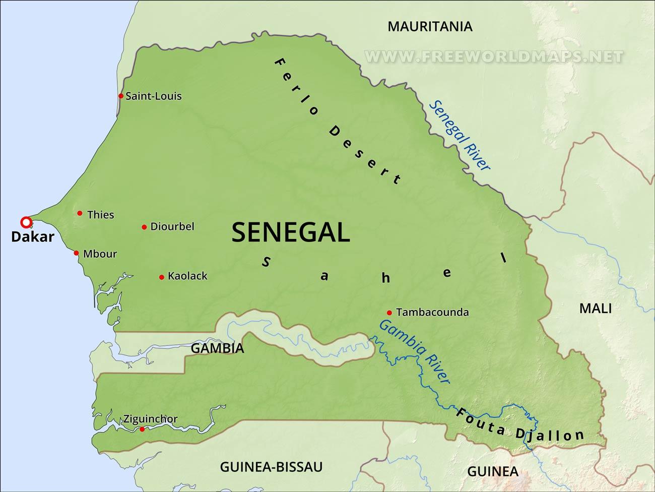 Fyysinen kartta Senegal - Kartta fyysinen kartta Senegal (Länsi-Afrikka -  Afrikka)