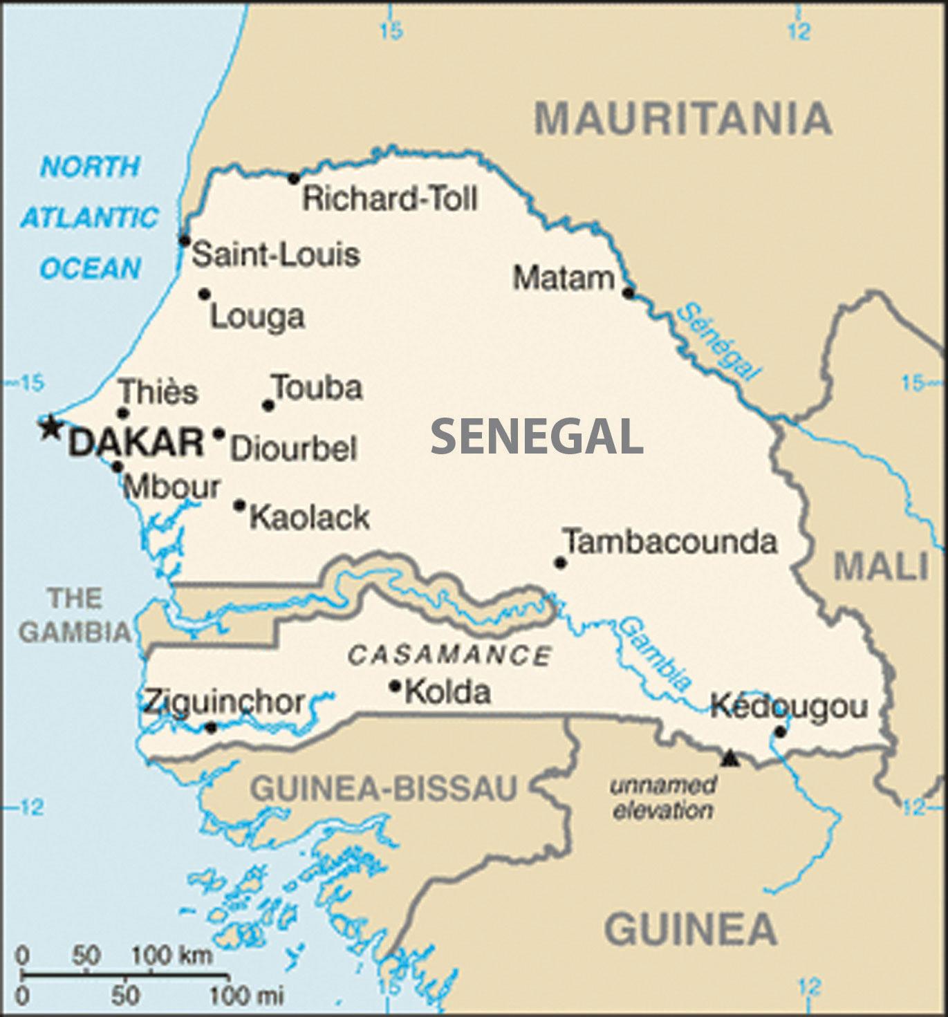 Kartta Senegal ympäröivien maiden - Kartta Senegalin ja lähialueen maissa  (Länsi-Afrikka - Afrikka)