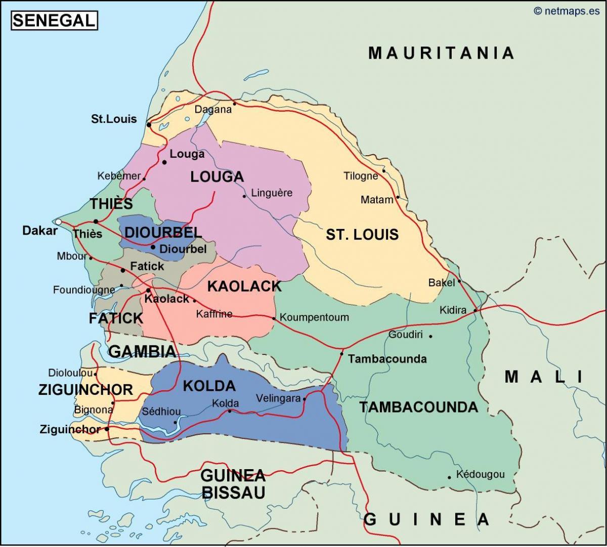 Senegalin maan kartta - Kartta Senegal maassa (Länsi-Afrikka - Afrikka)